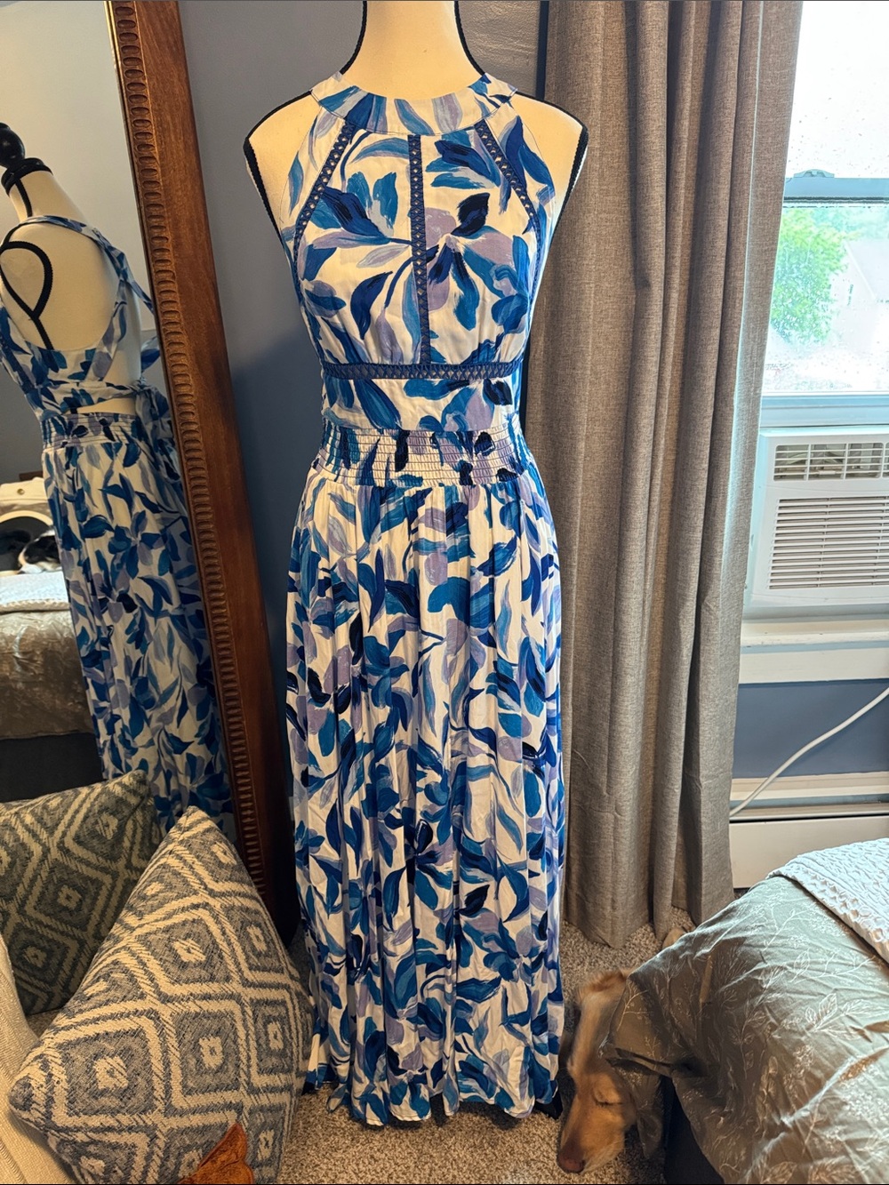 Blue Floral Halter Open Back Maxi Dress